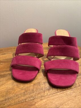 Ann Taylor Women's Three-Strap Suede Slide Sandals in Fuchsia